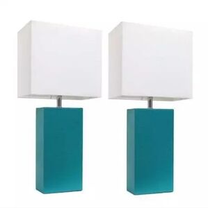Elegant Designs 2pk Modern Leather Table Lamp Set w White Fabric Shades Teal